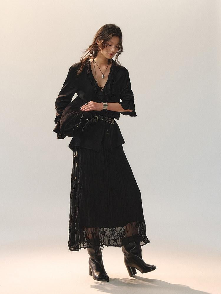 AnnoMundi Little Black Pleated Loose Fit Mid Waist Matte Polyester For Women Midi Skirts