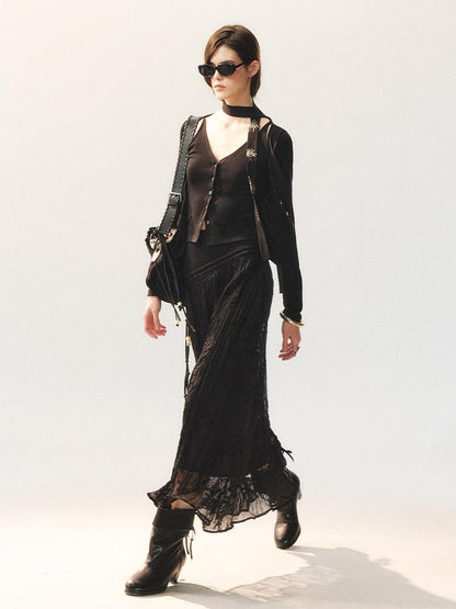 AnnoMundi Little Black Pleated Loose Fit Mid Waist Matte Polyester For Women Midi Skirts