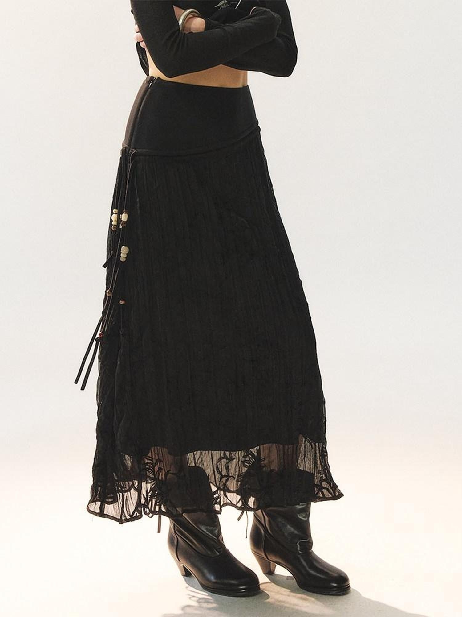 AnnoMundi Little Black Pleated Loose Fit Mid Waist Matte Polyester For Women Midi Skirts
