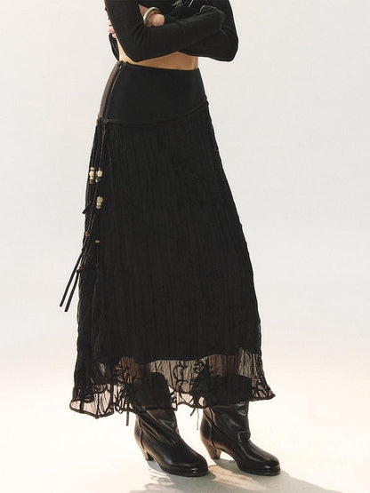 AnnoMundi Little Black Pleated Loose Fit Mid Waist Matte Polyester For Women Midi Skirts