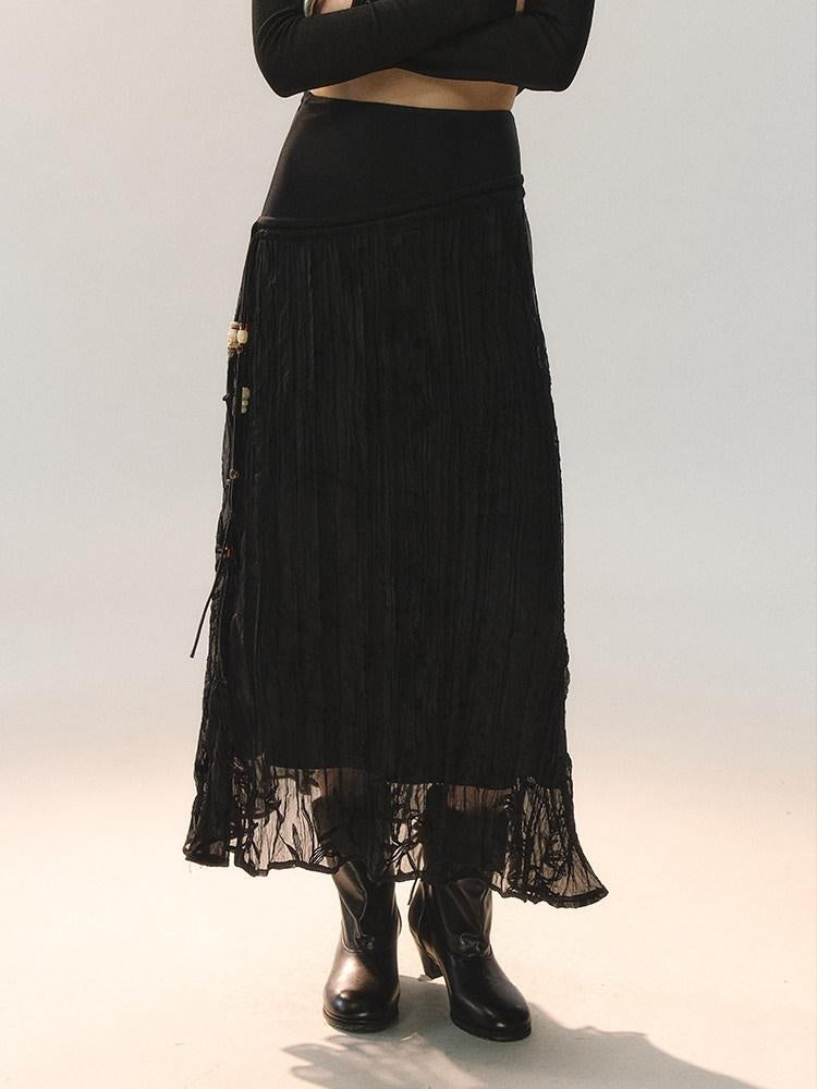 AnnoMundi Little Black Pleated Loose Fit Mid Waist Matte Polyester For Women Midi Skirts