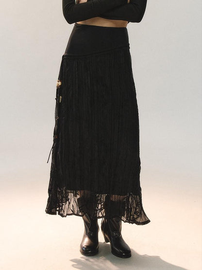 AnnoMundi Little Black Pleated Loose Fit Mid Waist Matte Polyester For Women Midi Skirts
