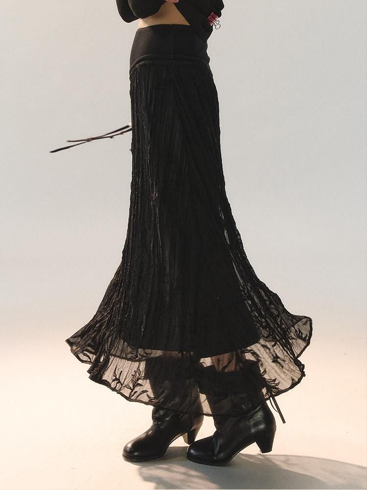 AnnoMundi Little Black Pleated Loose Fit Mid Waist Matte Polyester For Women Midi Skirts