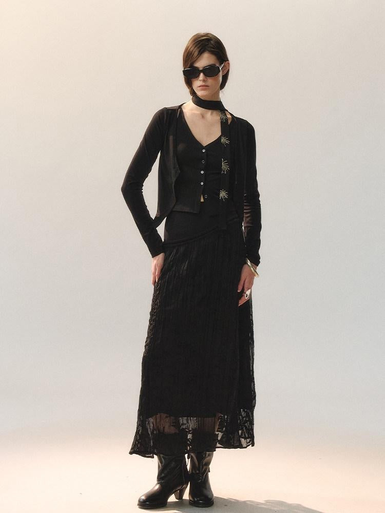 AnnoMundi Little Black Pleated Loose Fit Mid Waist Matte Polyester For Women Midi Skirts
