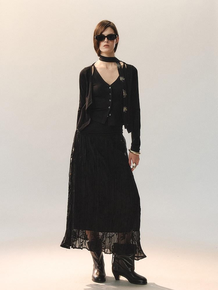 AnnoMundi Little Black Pleated Loose Fit Mid Waist Matte Polyester For Women Midi Skirts