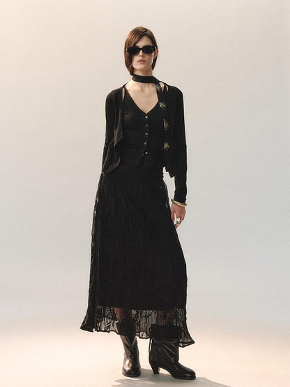 AnnoMundi Little Black Pleated Loose Fit Mid Waist Matte Polyester For Women Midi Skirts