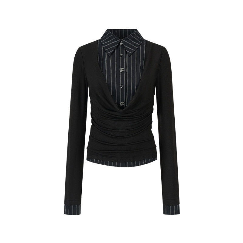 AnnoMundi_Lyocell_Blend_Slim_Fit_Drape_Neck_Long_Sleeve_Women_Black_White_Shirts_MISSTT