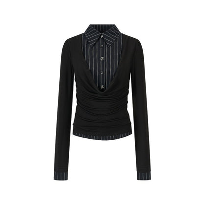 AnnoMundi_Lyocell_Blend_Slim_Fit_Drape_Neck_Long_Sleeve_Women_Black_White_Shirts_MISSTT