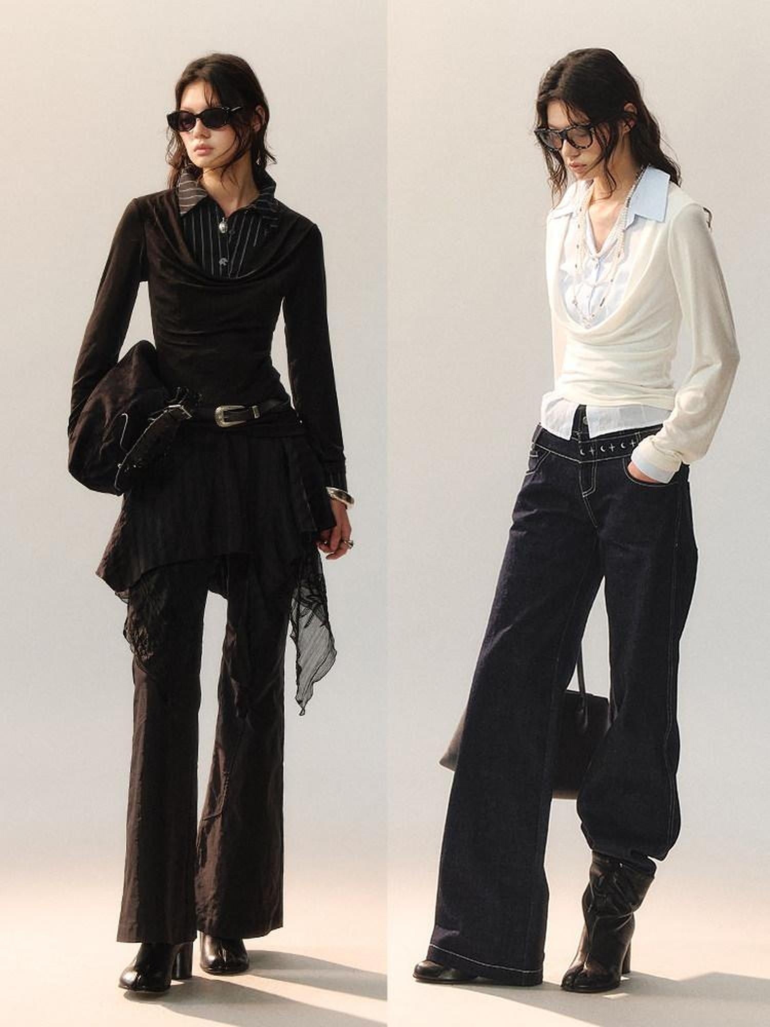AnnoMundi Lyocell Blend Slim Fit Drape Neck Long Sleeve Women Black White Shirts