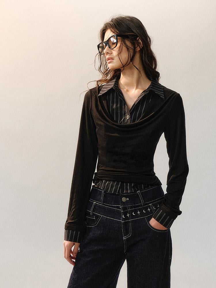 AnnoMundi Lyocell Blend Slim Fit Drape Neck Long Sleeve Women Black White Shirts