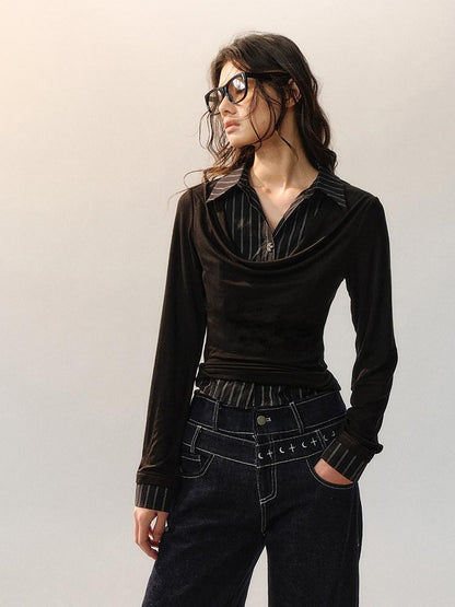 AnnoMundi Lyocell Blend Slim Fit Drape Neck Long Sleeve Women Black White Shirts