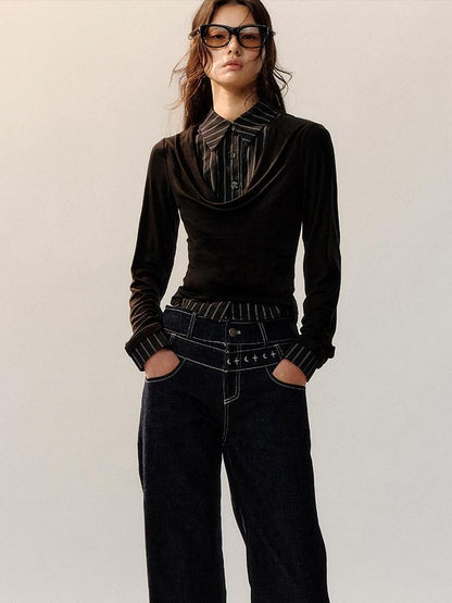 AnnoMundi Lyocell Blend Slim Fit Drape Neck Long Sleeve Women Black White Shirts