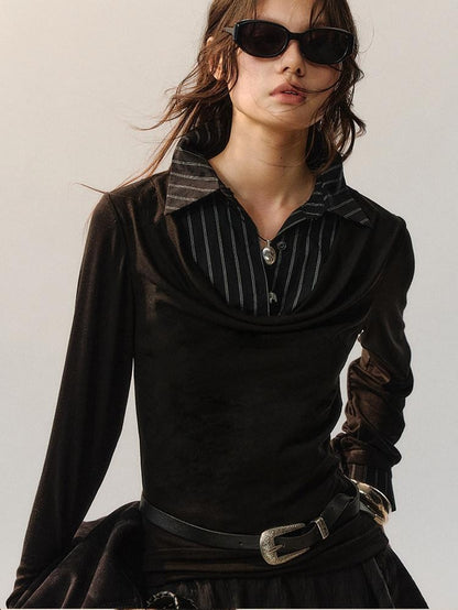 AnnoMundi Lyocell Blend Slim Fit Drape Neck Long Sleeve Women Black White Shirts