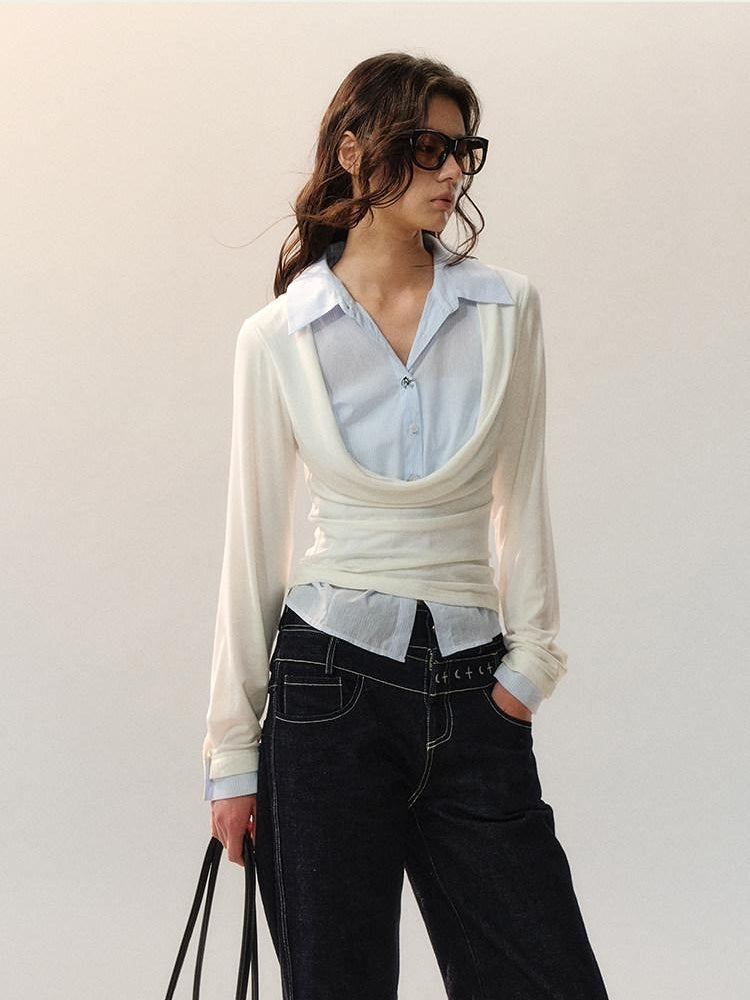 AnnoMundi Lyocell Blend Slim Fit Drape Neck Long Sleeve Women Black White Shirts