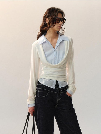 AnnoMundi Lyocell Blend Slim Fit Drape Neck Long Sleeve Women Black White Shirts