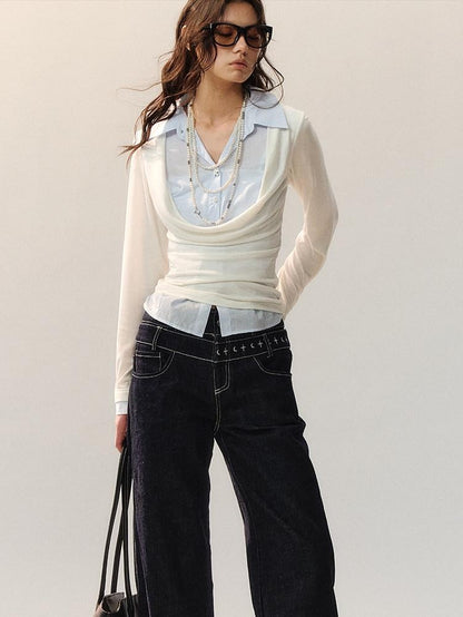 AnnoMundi Lyocell Blend Slim Fit Drape Neck Long Sleeve Women Black White Shirts