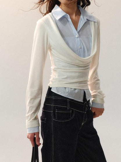 AnnoMundi Lyocell Blend Slim Fit Drape Neck Long Sleeve Women Black White Shirts