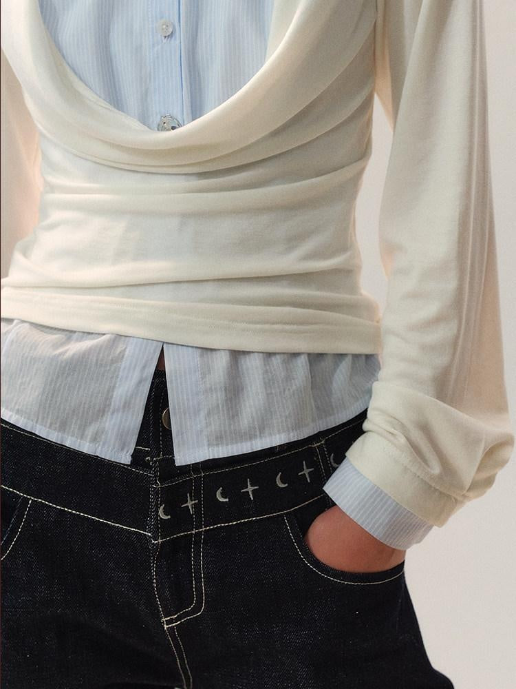 AnnoMundi Lyocell Blend Slim Fit Drape Neck Long Sleeve Women Black White Shirts