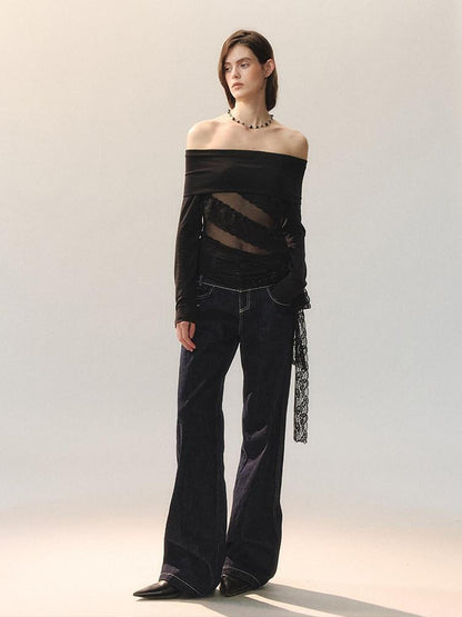 AnnoMundi Machine Embroidered Natural Waist Patchwork Women Cotton Stretch Straight Jeans