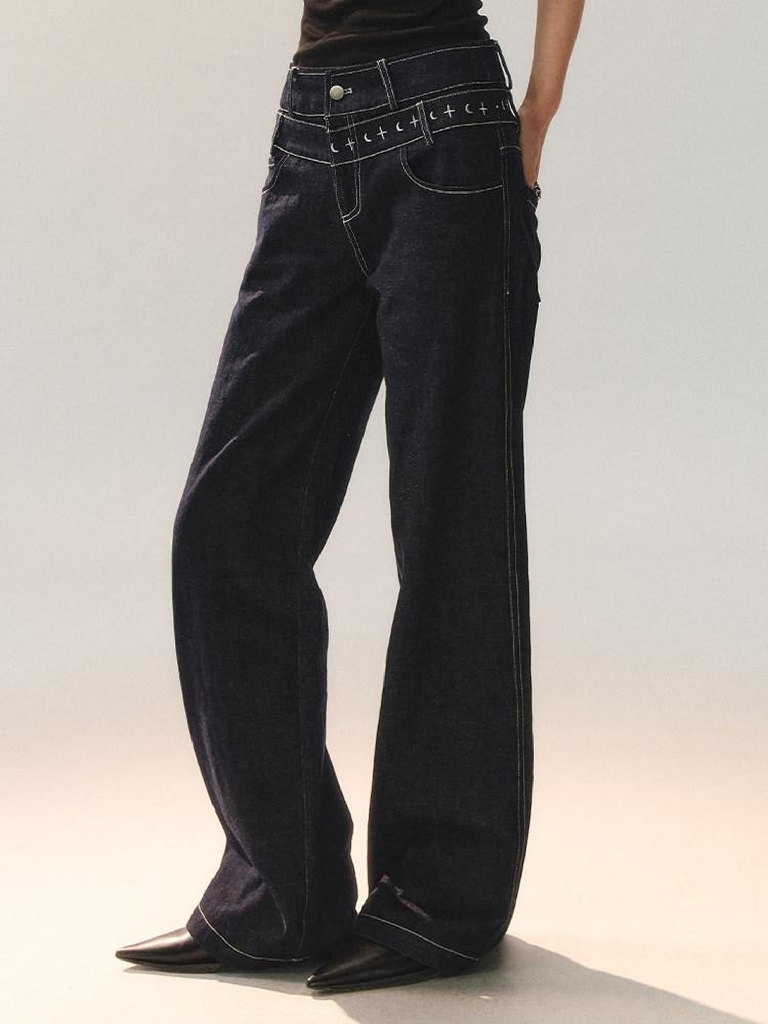 AnnoMundi Machine Embroidered Natural Waist Patchwork Women Cotton Stretch Straight Jeans