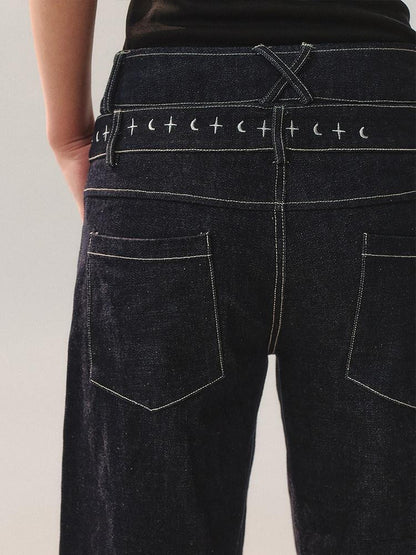 AnnoMundi Machine Embroidered Natural Waist Patchwork Women Cotton Stretch Straight Jeans