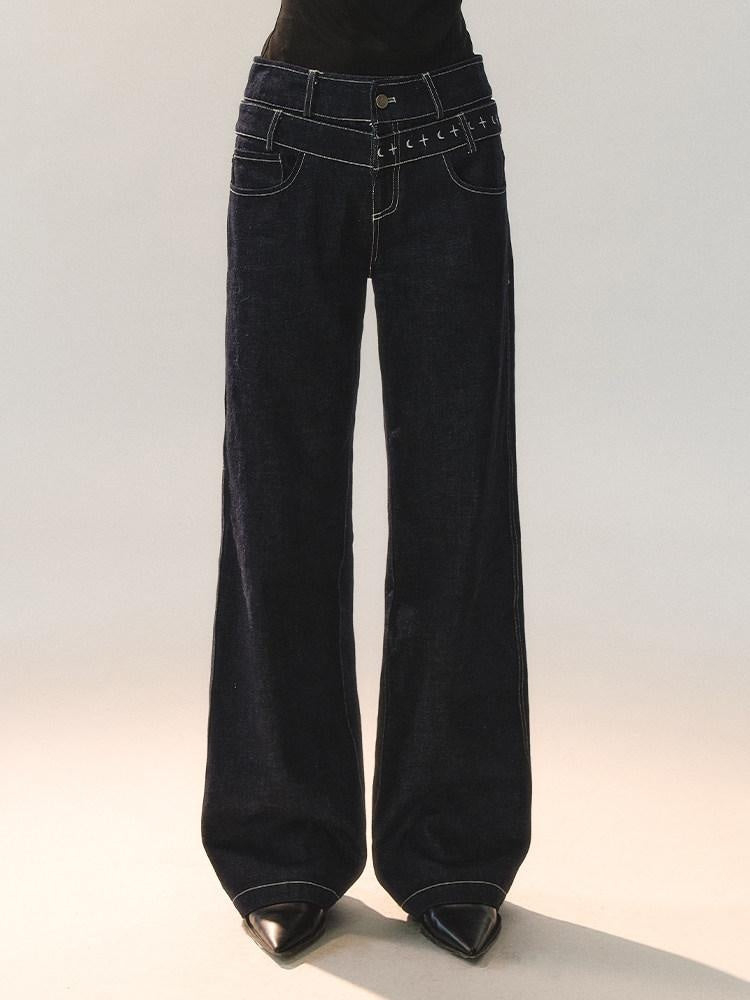 AnnoMundi Machine Embroidered Natural Waist Patchwork Women Cotton Stretch Straight Jeans