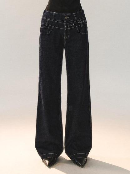 AnnoMundi Machine Embroidered Natural Waist Patchwork Women Cotton Stretch Straight Jeans