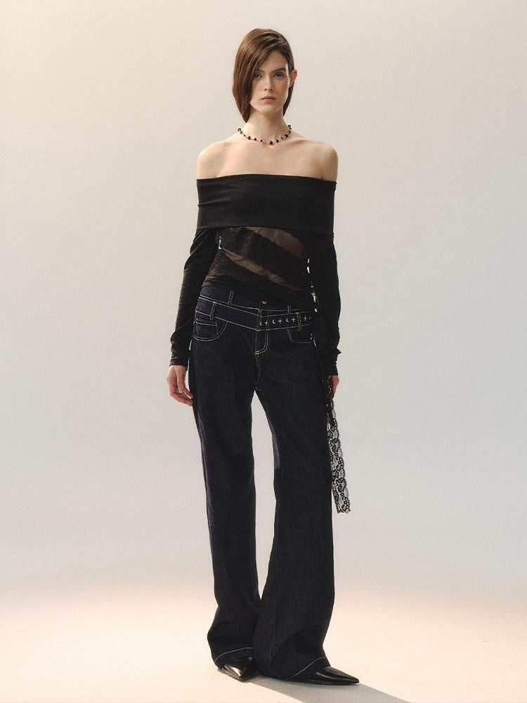 AnnoMundi Machine Embroidered Natural Waist Patchwork Women Cotton Stretch Straight Jeans