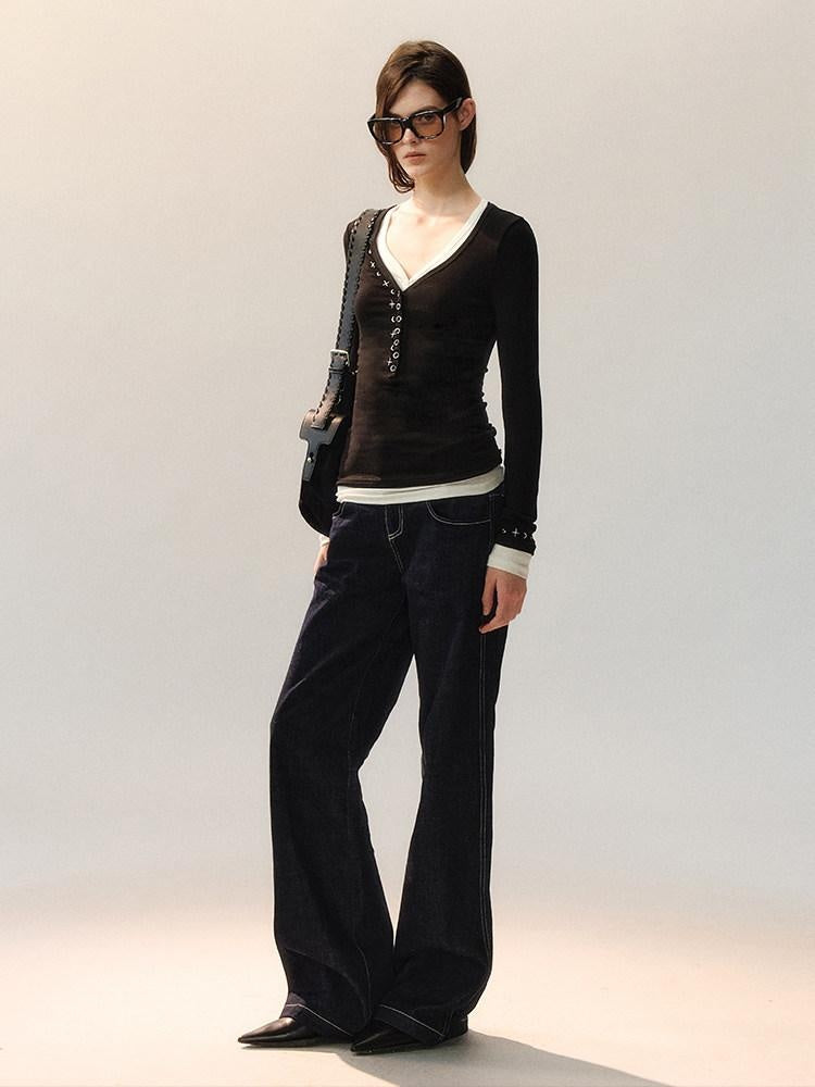 AnnoMundi Machine Embroidered Natural Waist Patchwork Women Cotton Stretch Straight Jeans