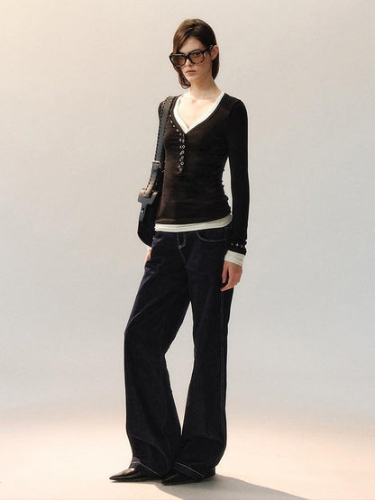 AnnoMundi Machine Embroidered Natural Waist Patchwork Women Cotton Stretch Straight Jeans