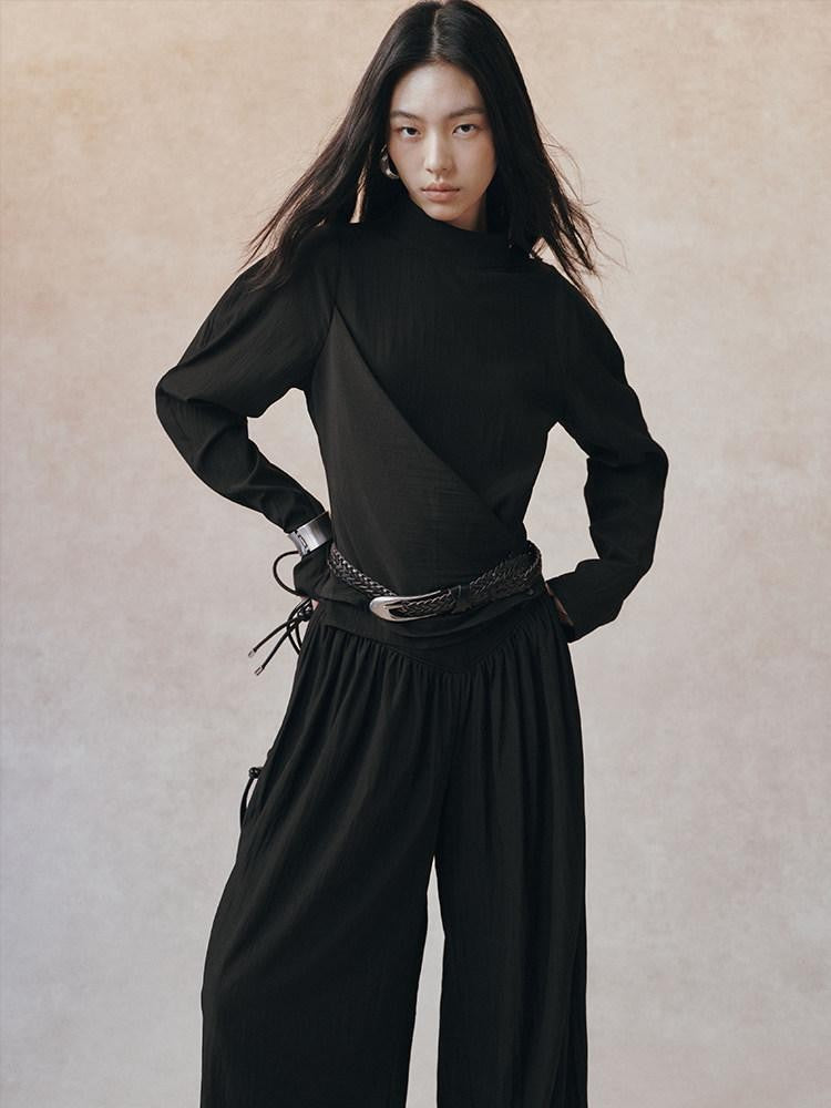 AnnoMundi Matte Diagonal Waist Pleat Stand Collar Women&