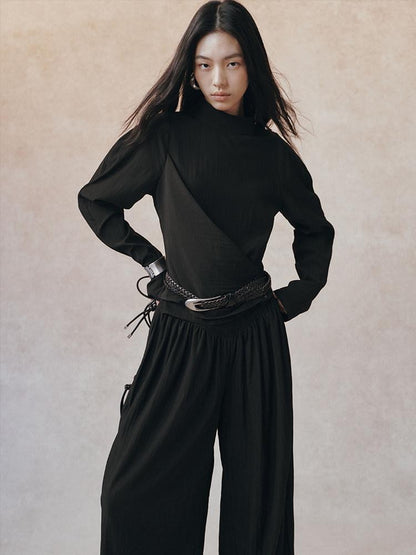 AnnoMundi Matte Diagonal Waist Pleat Stand Collar Women&