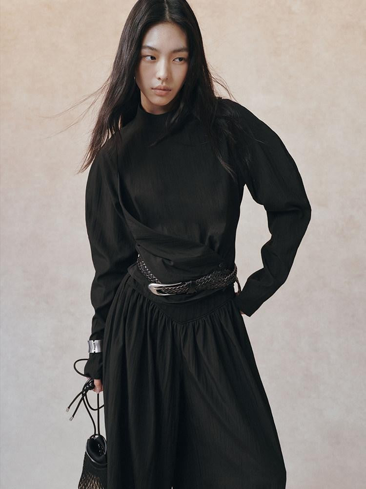 AnnoMundi Matte Diagonal Waist Pleat Stand Collar Women&