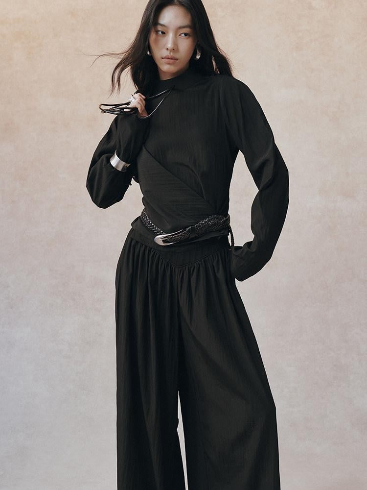 AnnoMundi Matte Diagonal Waist Pleat Stand Collar Women&