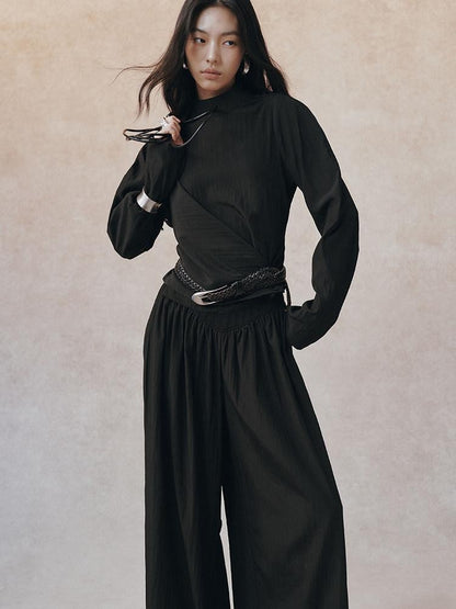 AnnoMundi Matte Diagonal Waist Pleat Stand Collar Women&