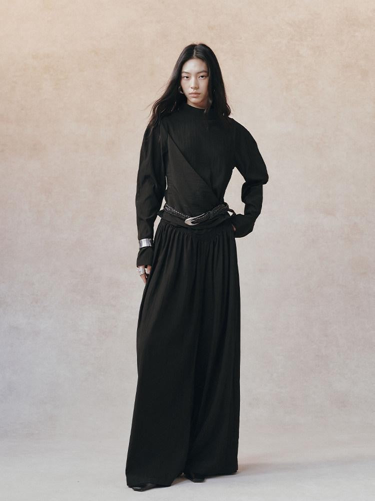 AnnoMundi Matte Diagonal Waist Pleat Stand Collar Women&