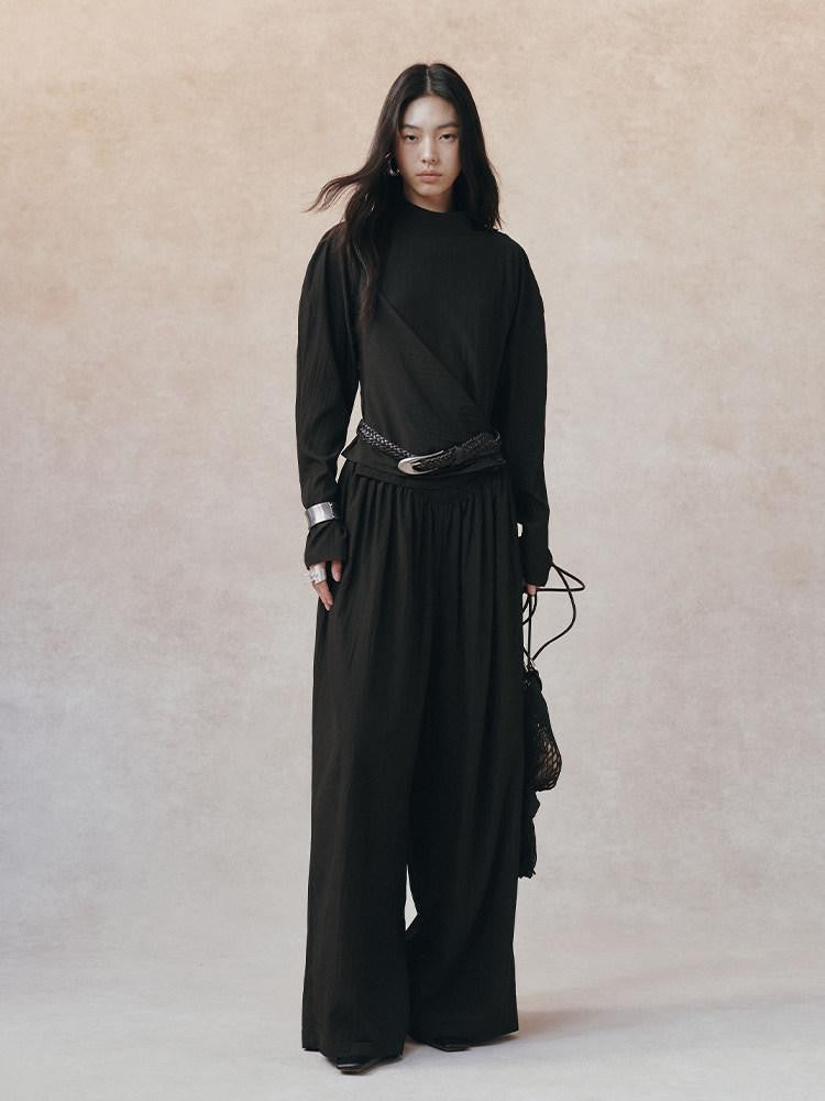 AnnoMundi Matte Diagonal Waist Pleat Stand Collar Women&