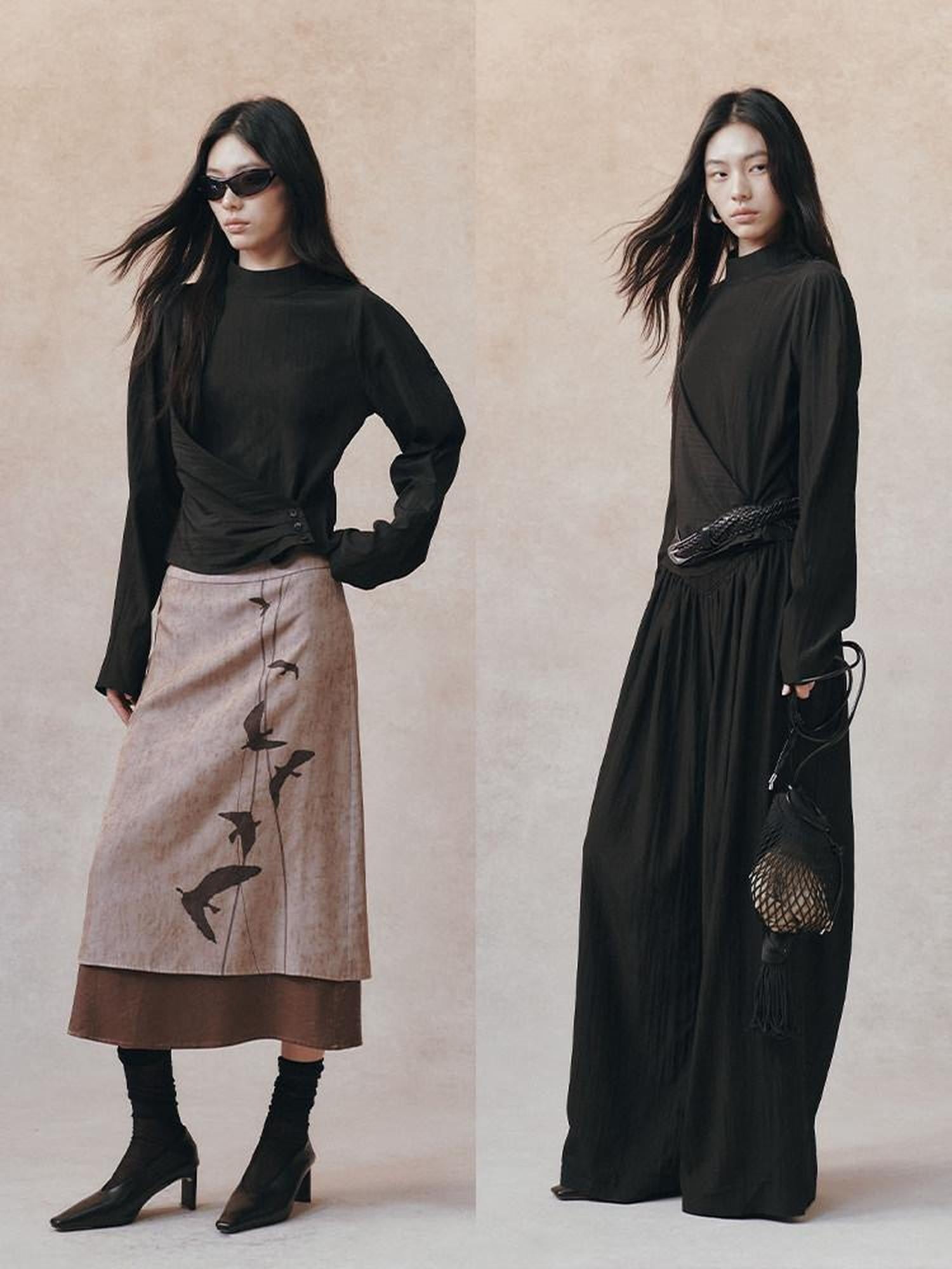 AnnoMundi Matte Diagonal Waist Pleat Stand Collar Women&