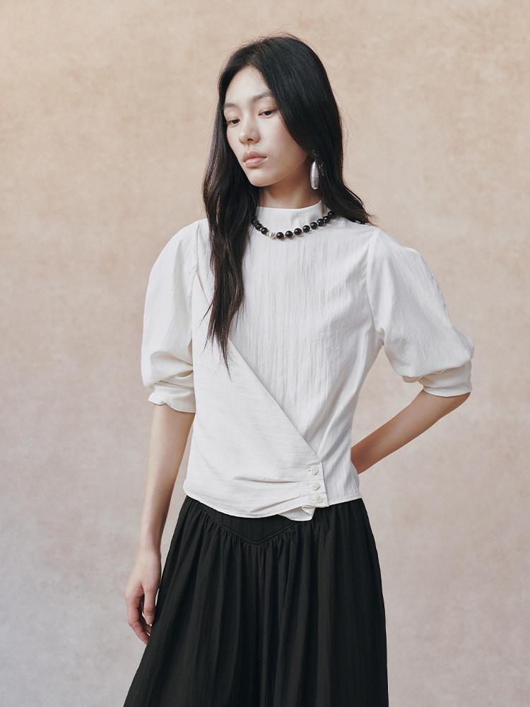 AnnoMundi Matte Diagonal Waist Pleat Stand Collar Women&