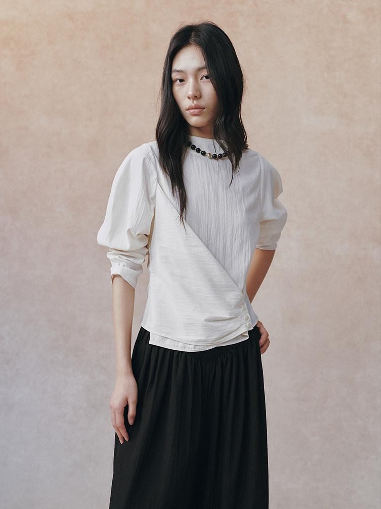 AnnoMundi Matte Diagonal Waist Pleat Stand Collar Women&
