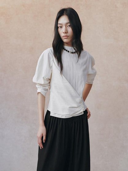 AnnoMundi Matte Diagonal Waist Pleat Stand Collar Women&