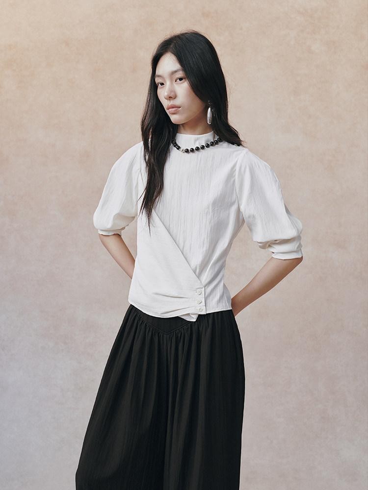 AnnoMundi Matte Diagonal Waist Pleat Stand Collar Women&
