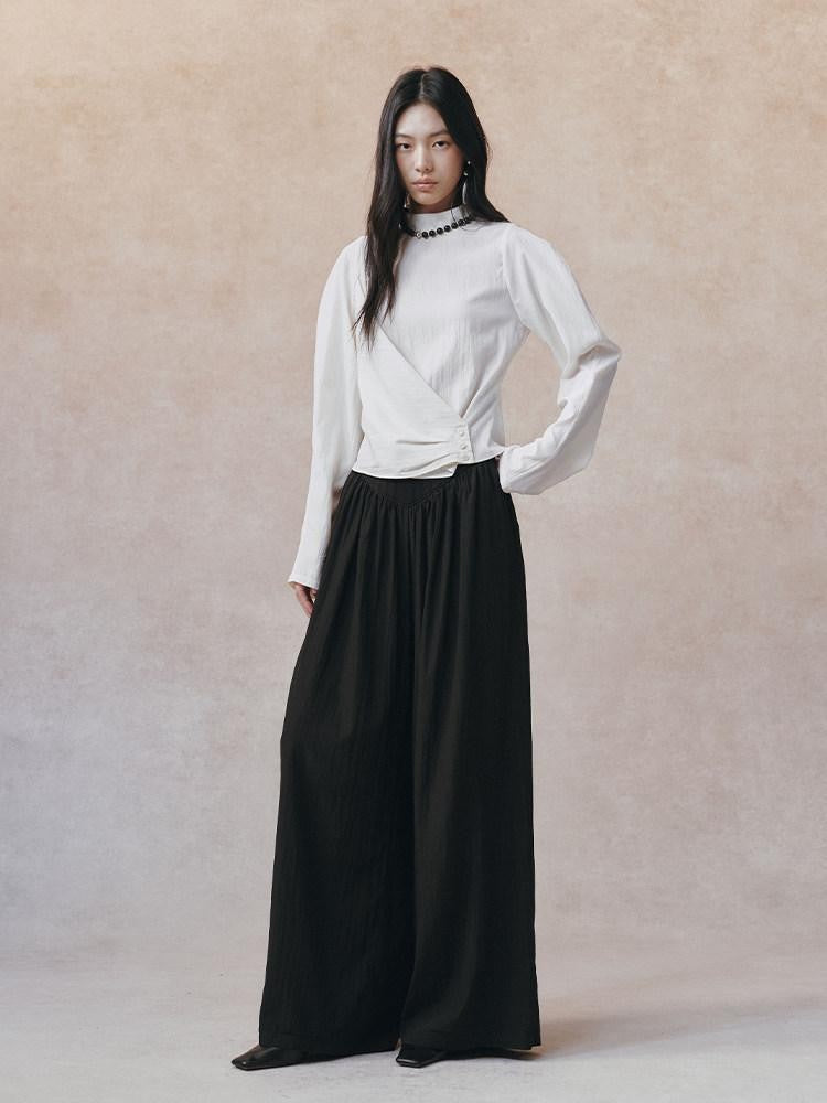 AnnoMundi Matte Diagonal Waist Pleat Stand Collar Women&