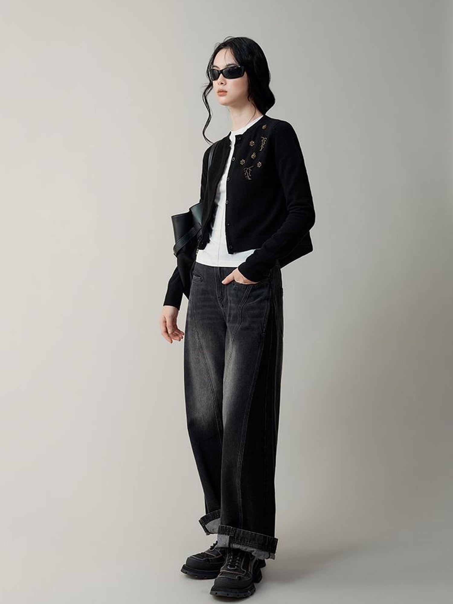 AnnoMundi Metallic Rose Wool Cardigan Asymmetrical Hem