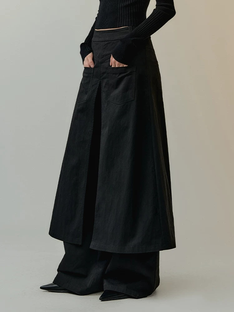 AnnoMundi Mid High Waist Deconstructed Cargo Wide Leg Unisex Black Cotton Blend Pants