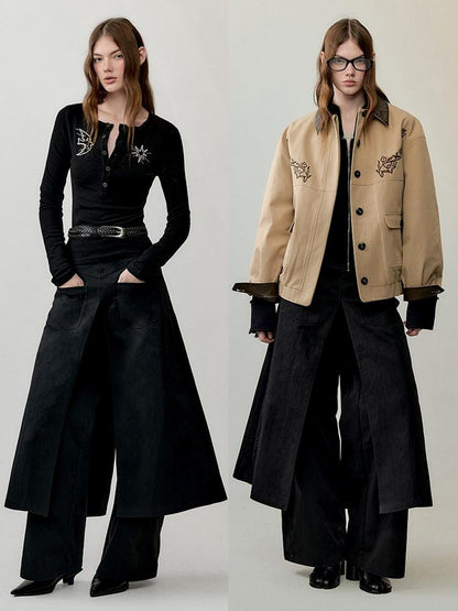 AnnoMundi Mid High Waist Deconstructed Cargo Wide Leg Unisex Black Cotton Blend Pants