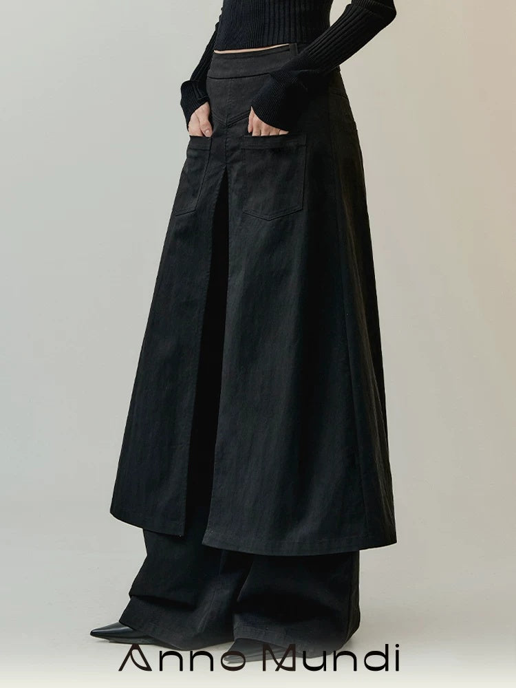 AnnoMundi Mid High Waist Deconstructed Cargo Wide Leg Unisex Black Cotton Blend Pants