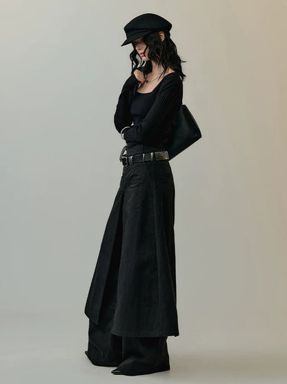AnnoMundi Mid High Waist Deconstructed Cargo Wide Leg Unisex Black Cotton Blend Pants