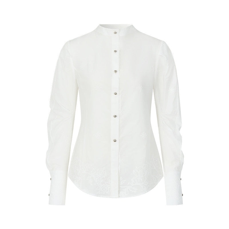 AnnoMundi White Collarless Cross Front Curved Blade Cuffed Women&