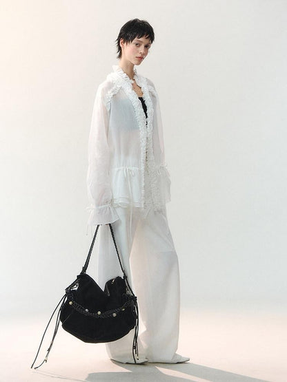 AnnoMundi Mist White Crinkle Pleated Drawstring Lace Trim Women&